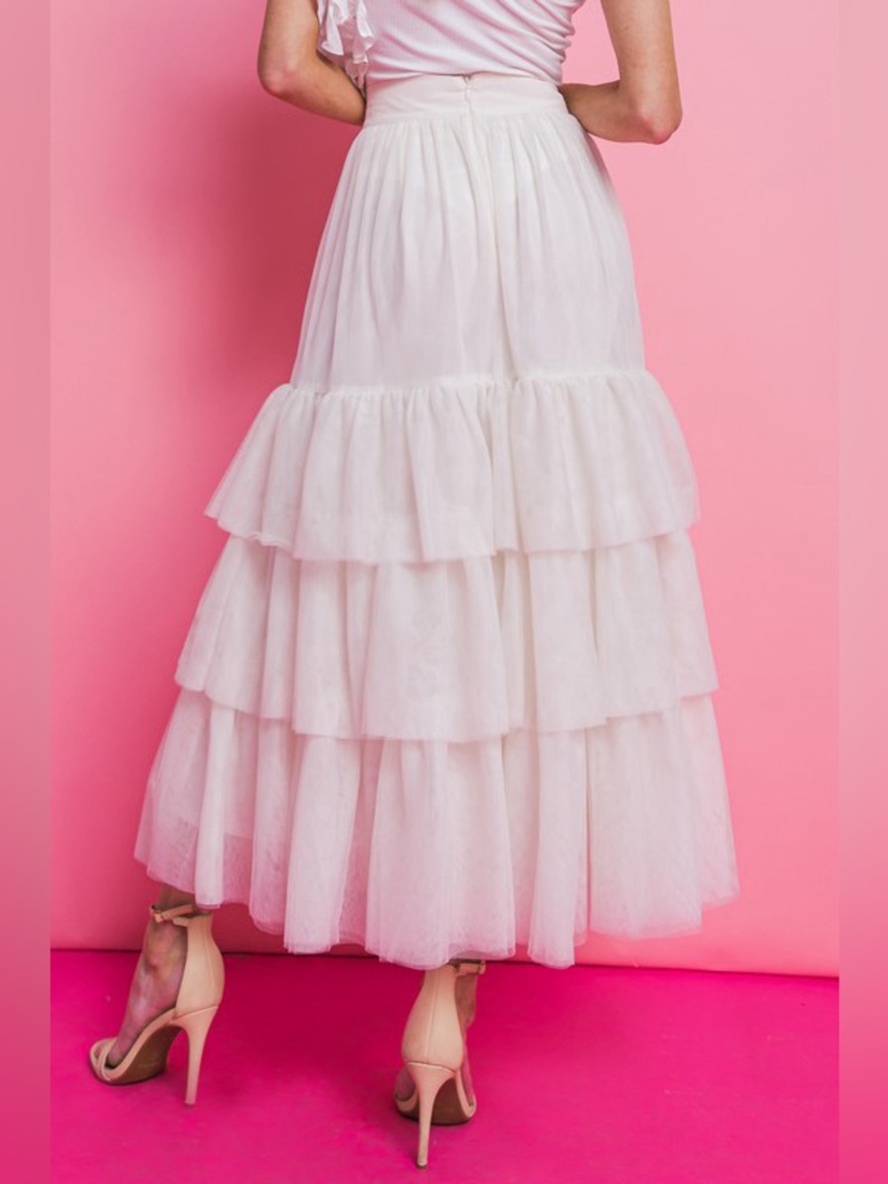 NWT Luxury Off White Tiered Ruffle Soft Tulle Lined Maxi Skirt - Picture 5 of 6